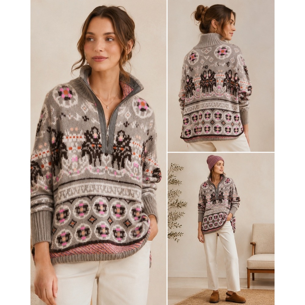 Sleeping On Snow Anthropologie Fair Isle Sweater XS/S Oversized Quarter Zip Nord